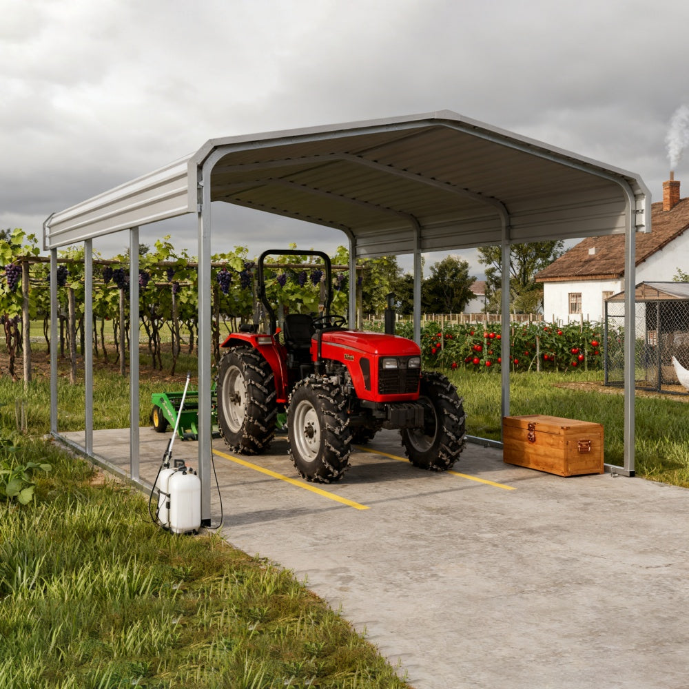 Heavy-duty metal carport with steel frame and roof, shown sheltering red tractor and equipment outdoors