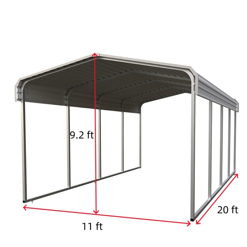 11' x 20' metal carport with steel frame and dark roof, dimensions labeled