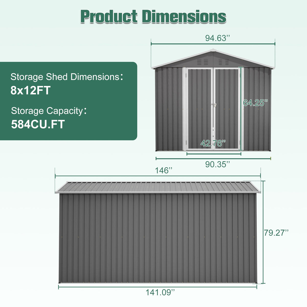 8' x 12' Lockable Metal Storage Shed with Aluminum Frame – Gray