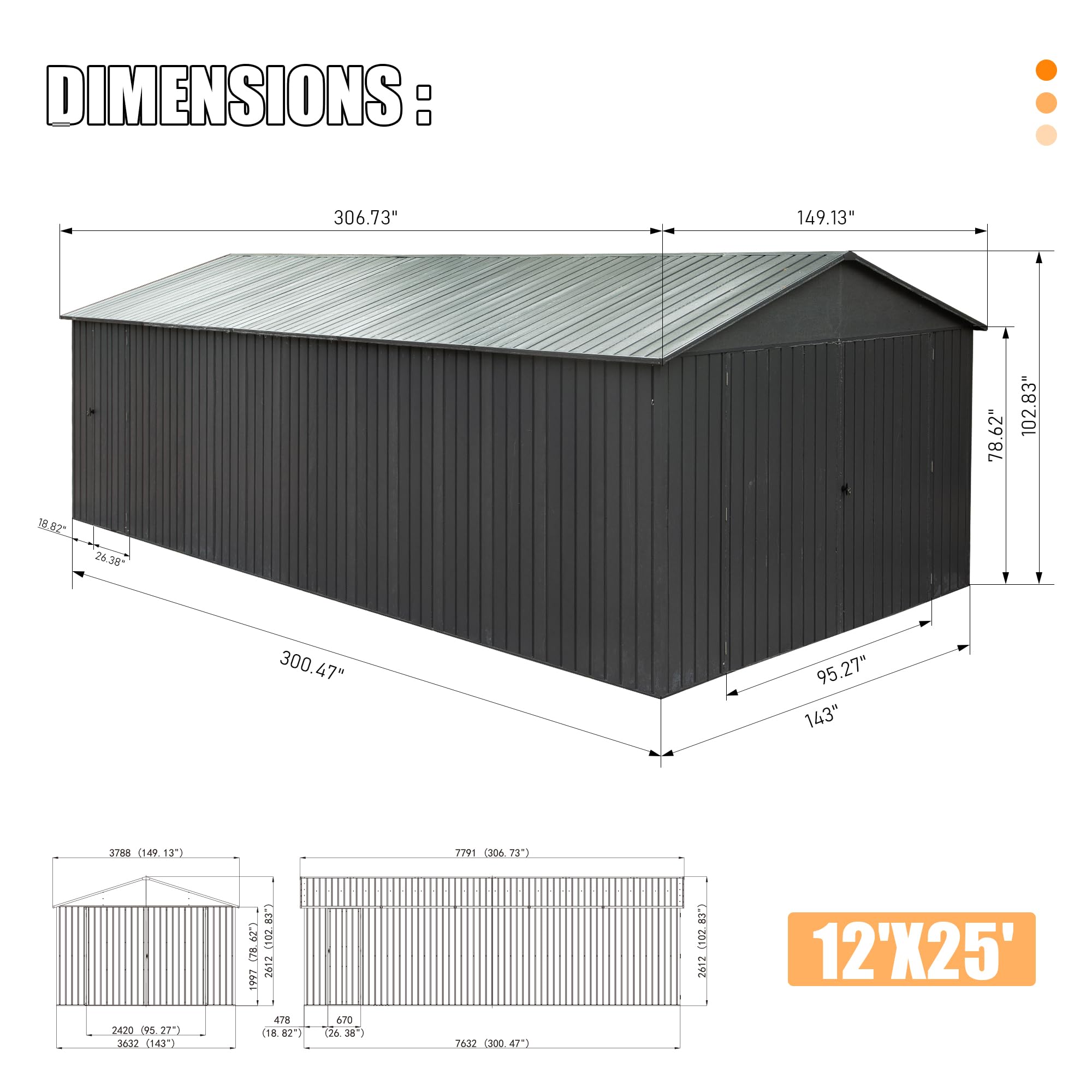 12x25FT Outdoor Metal Garage Shed, Extra Large Metal Carport
