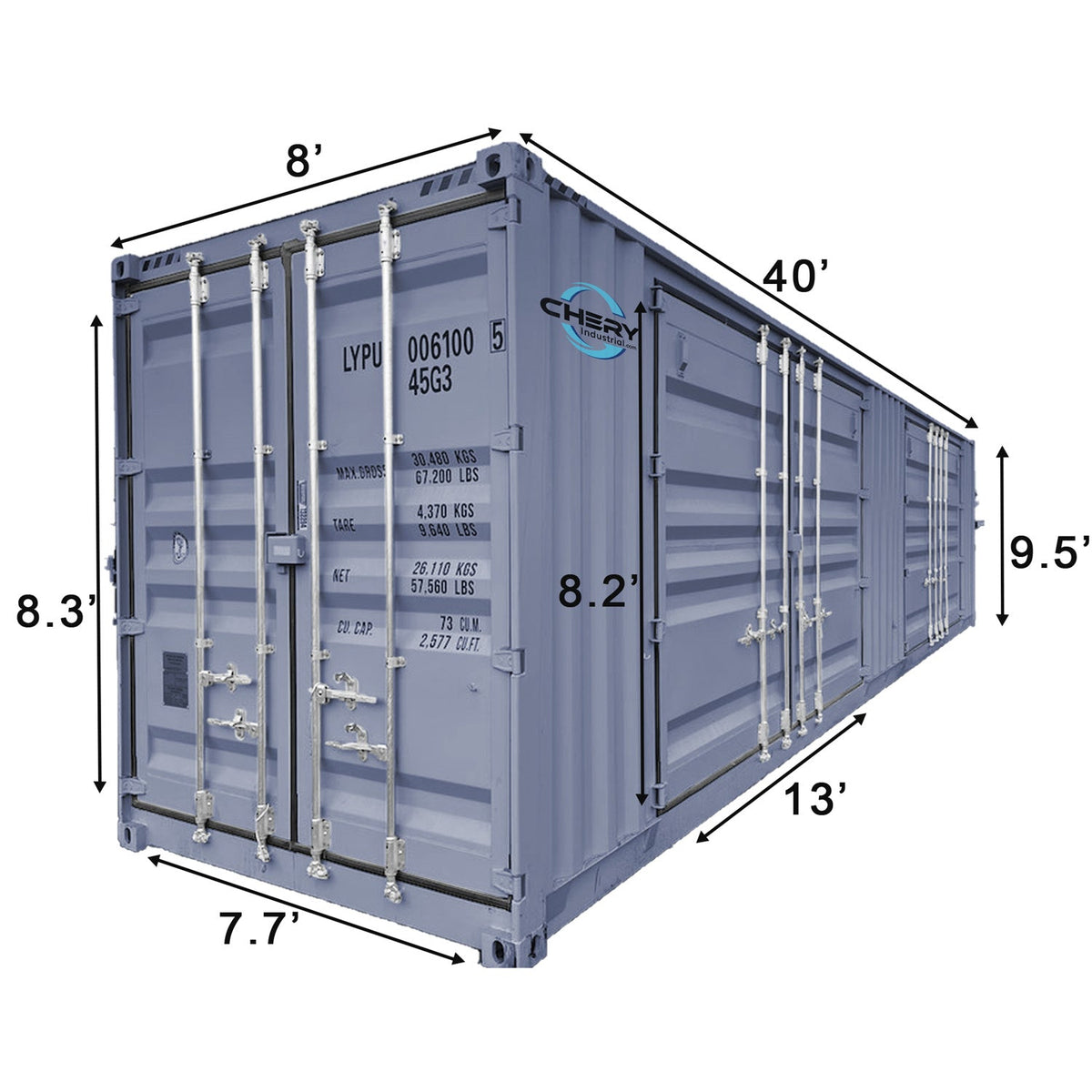 40ft High Cube Shipping Container with 2 Side Doors & End Cargo Doors
