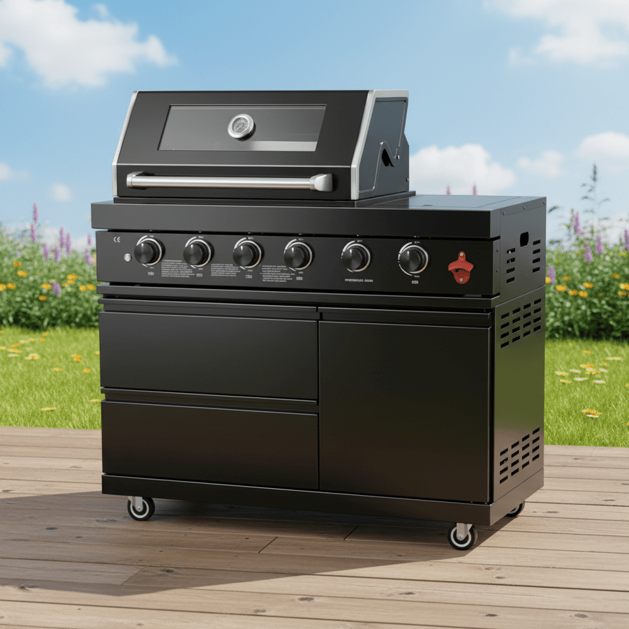 46" Four Burners Black Outdoor Kitchen Islands Grill + Side Burner - Home Outpost Supply