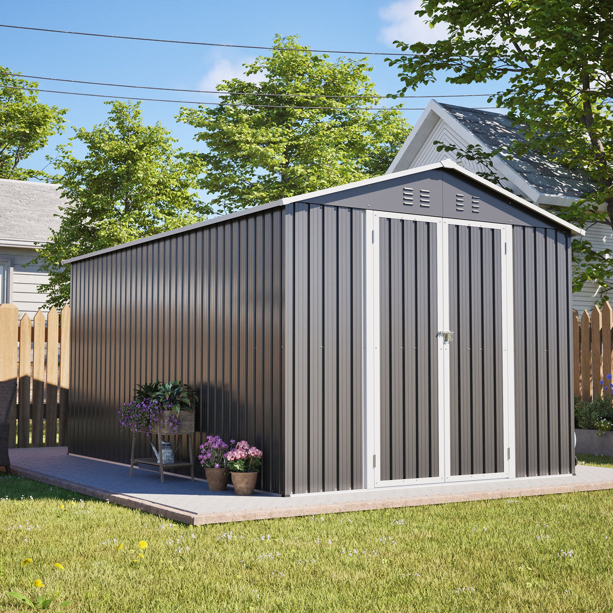 8' x 12' Lockable Metal Storage Shed with Aluminum Frame – Gray