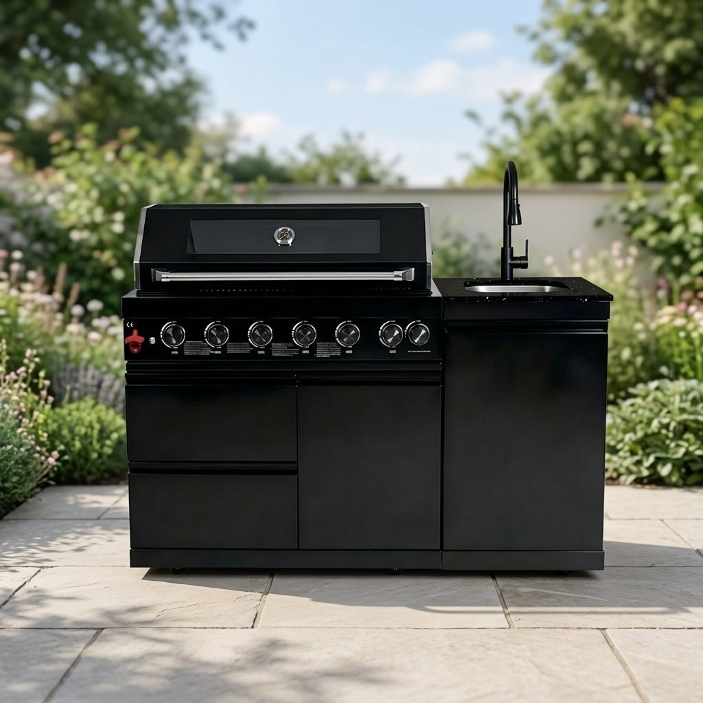 63" 6-Burner 85000 BTU Black Outdoor Kitchen Island Grill + Marble Countertops + Sink - Home Outpost Supply