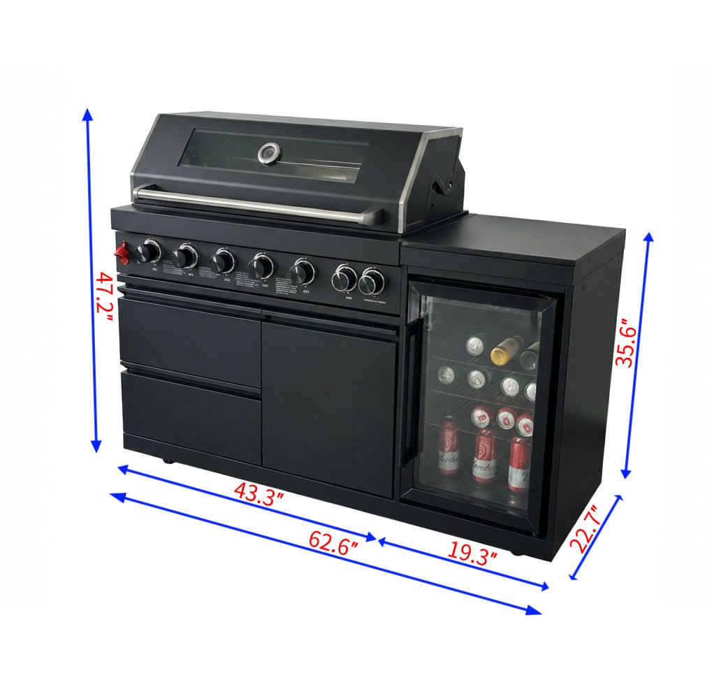 63" 6-Burner Black Outdoor Kitchen Island Grill + Fridge - Home Outpost Supply