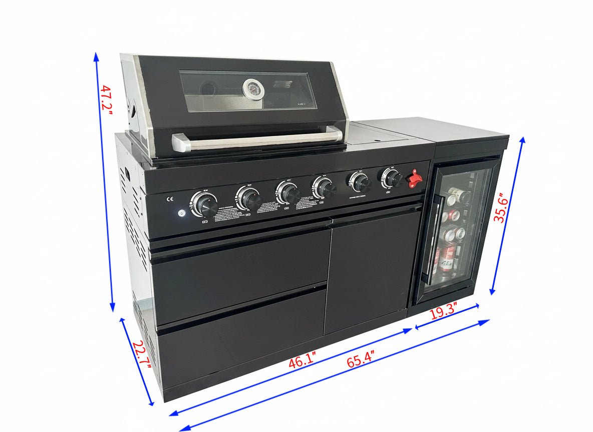 65" 4-Burner 72,000 BTU Black Outdoor Kitchen Island Grill Marble Countertops Wine Cooler - Home Outpost Supply