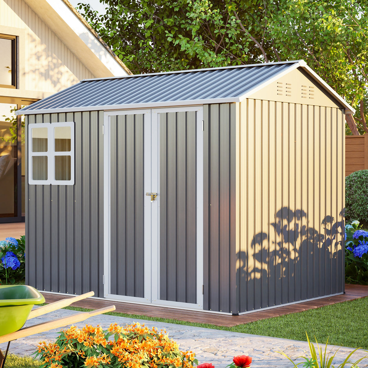 8' x 6' Metal Storage Shed with Window & Lockable Doors – Dark Gray