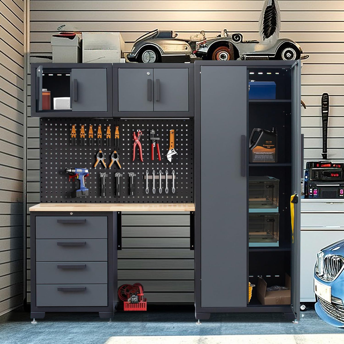 7-Pcs Garage Storage Cabinet System - Workshop Set With Steel Drawers, Workbench, Pegboard for Tool Organization - Home Outpost Supply