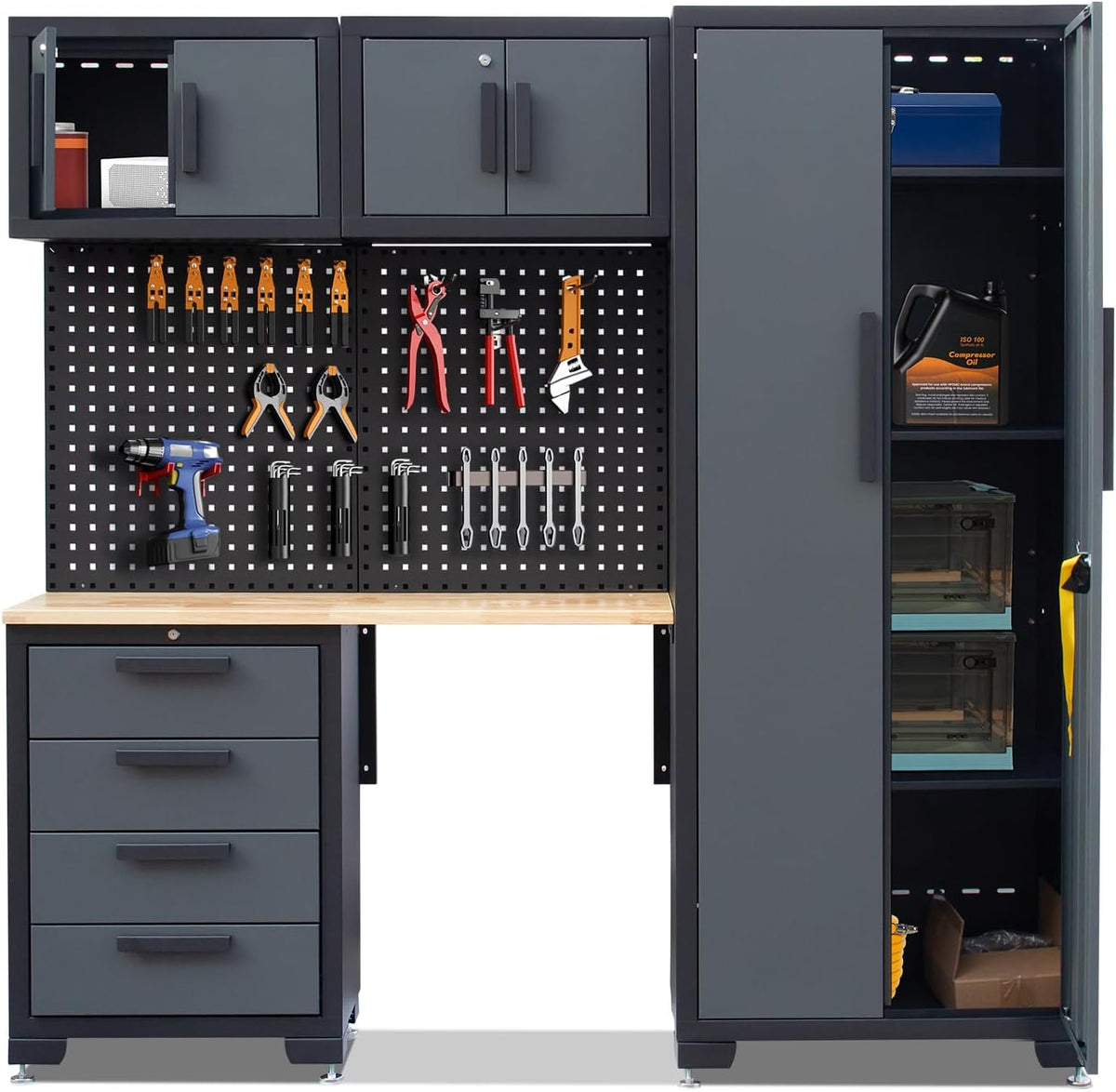 7-Pcs Garage Storage Cabinet System - Workshop Set With Steel Drawers, Workbench, Pegboard for Tool Organization - Home Outpost Supply