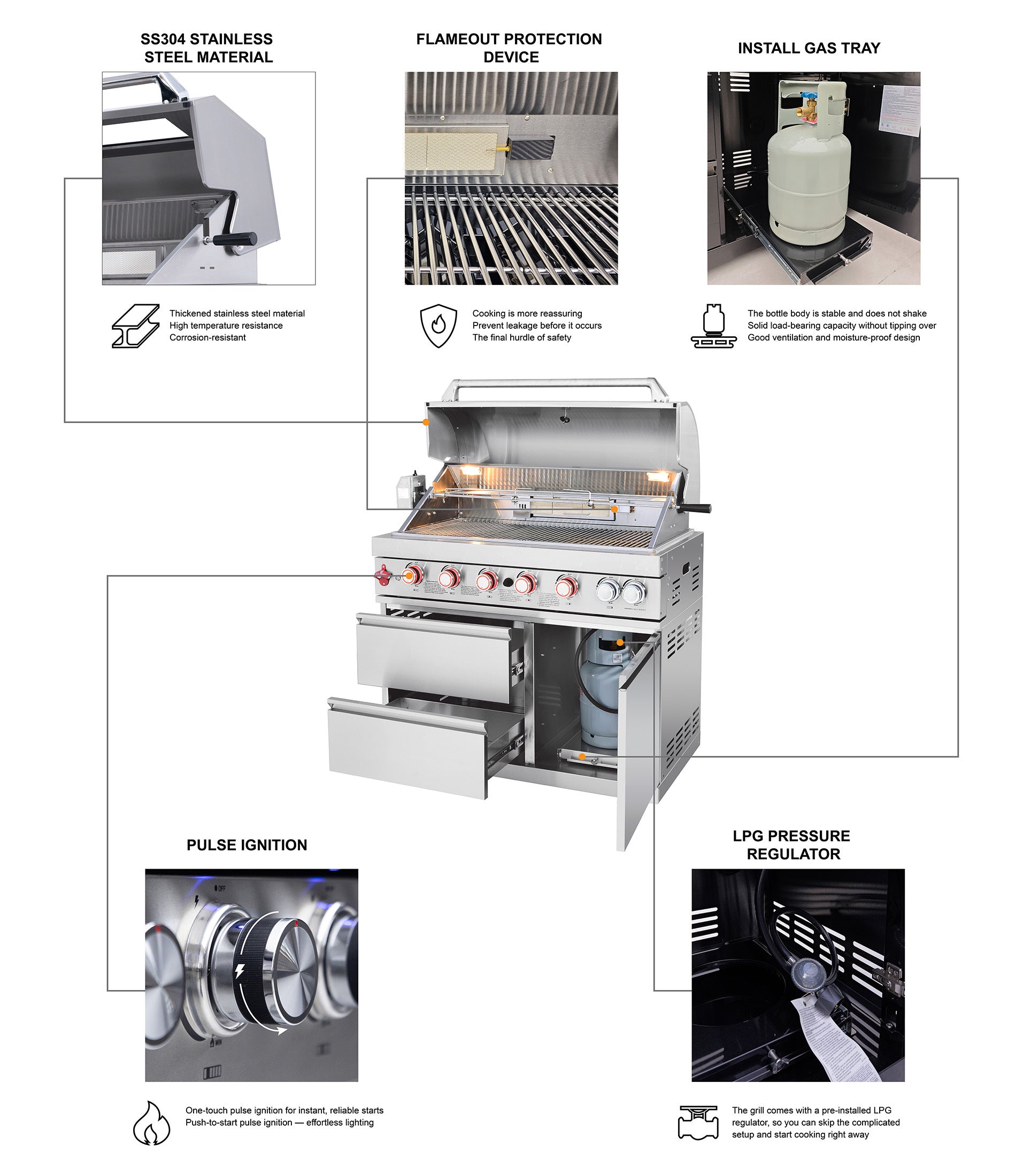 95.8" 6+1 Burner 95,500 BTU Outdoor Kitchen Island Grill Silver + Sink + Refrigerator + Bar Table