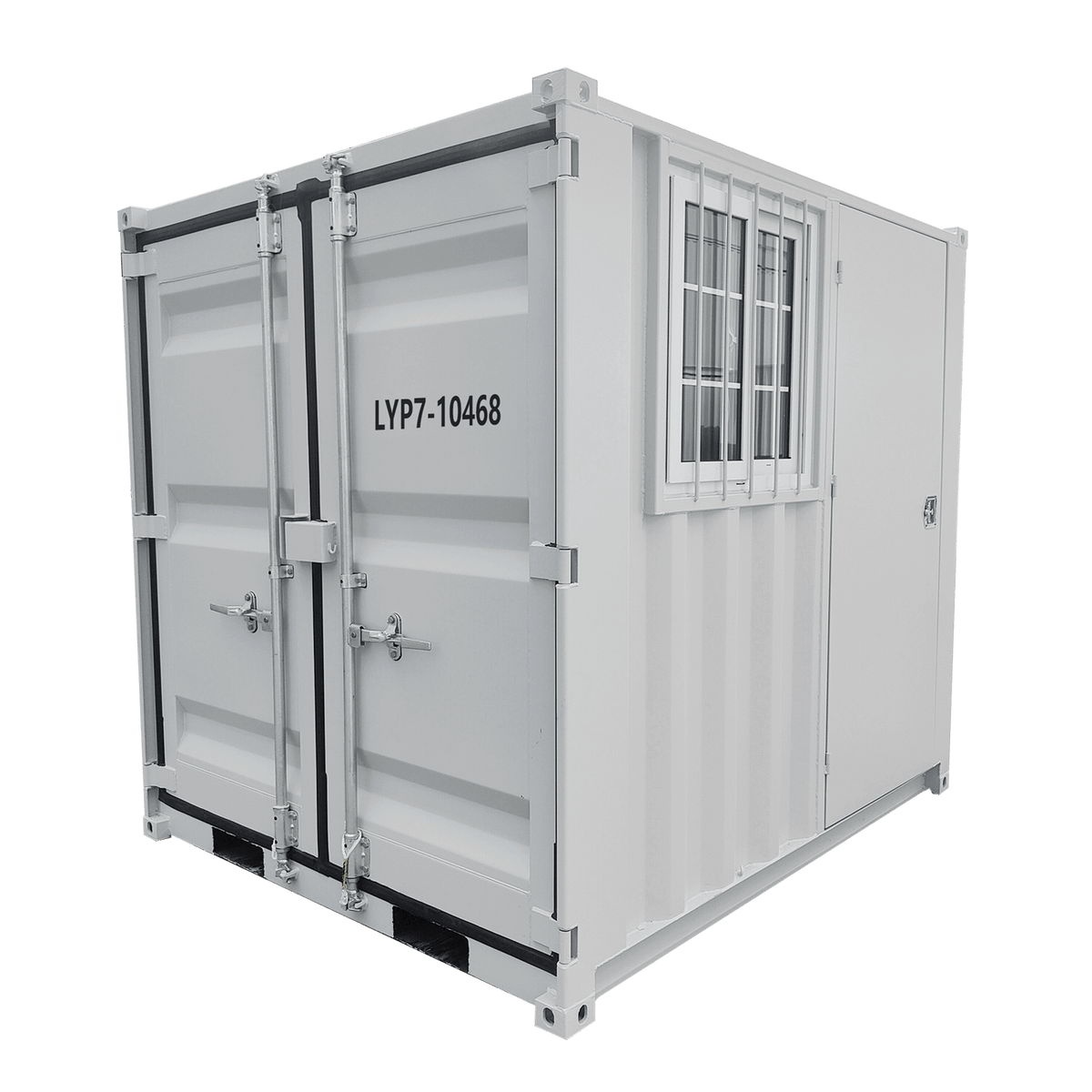 Storage container with side door, window, and lockbox