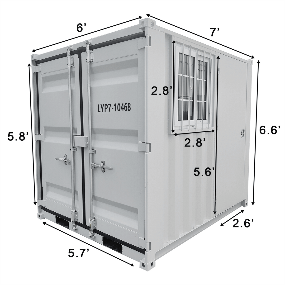 7ft storage container with side door, window, and lockbox, dimensions labeled