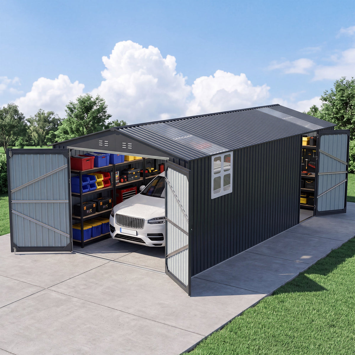 20' x 13' Metal Storage Shed with Skylight & Side Entry Door