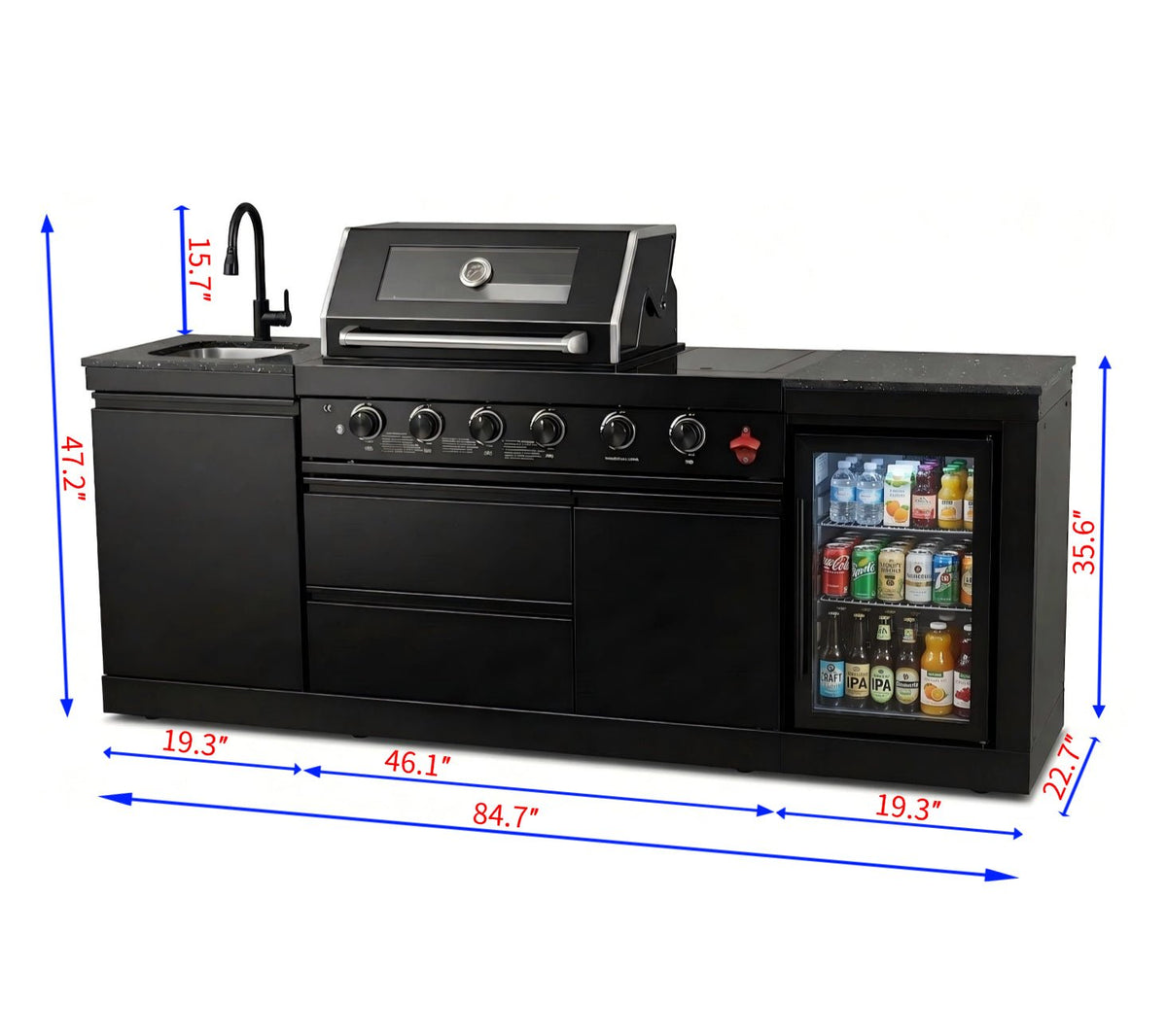 85" 4-Burner 85000 BTU Black Outdoor Kitchen Island Grill with Compact Refrigerator Marble Countertops Sink - Home Outpost Supply