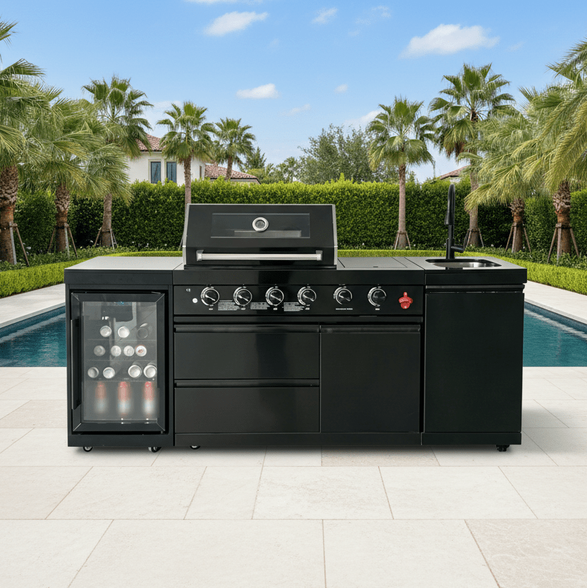 85" 4-Burner 85000 BTU Black Outdoor Kitchen Island Grill with Compact Refrigerator Marble Countertops Sink - Home Outpost Supply