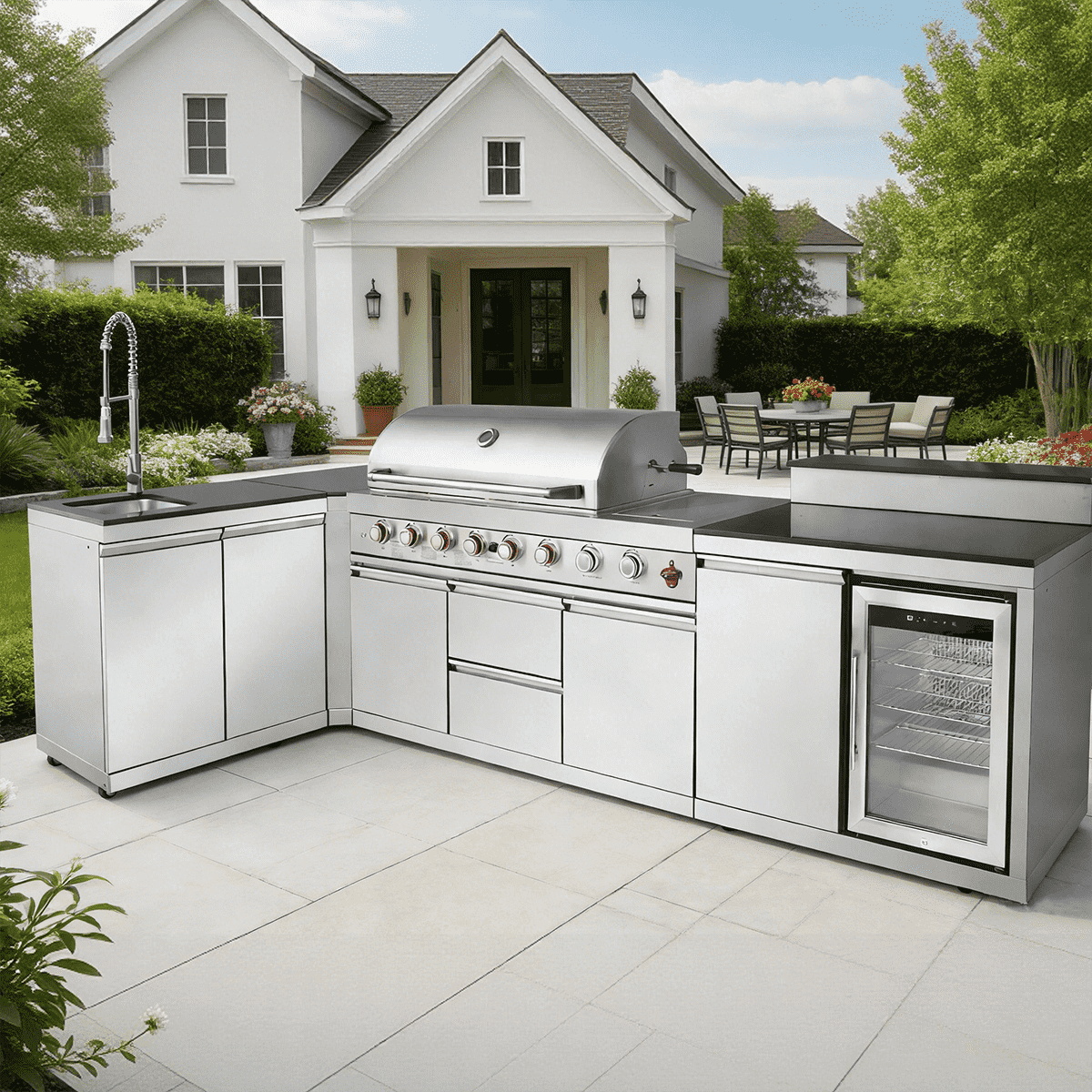 95.8" 6+1 Burner 95,500 BTU Outdoor Kitchen Island Grill Silver + Sink + Refrigerator + Bar Table