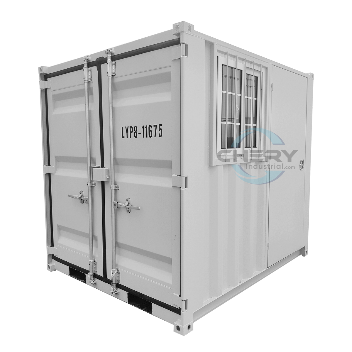 White 8ft storage container with side door, window, and lockbox