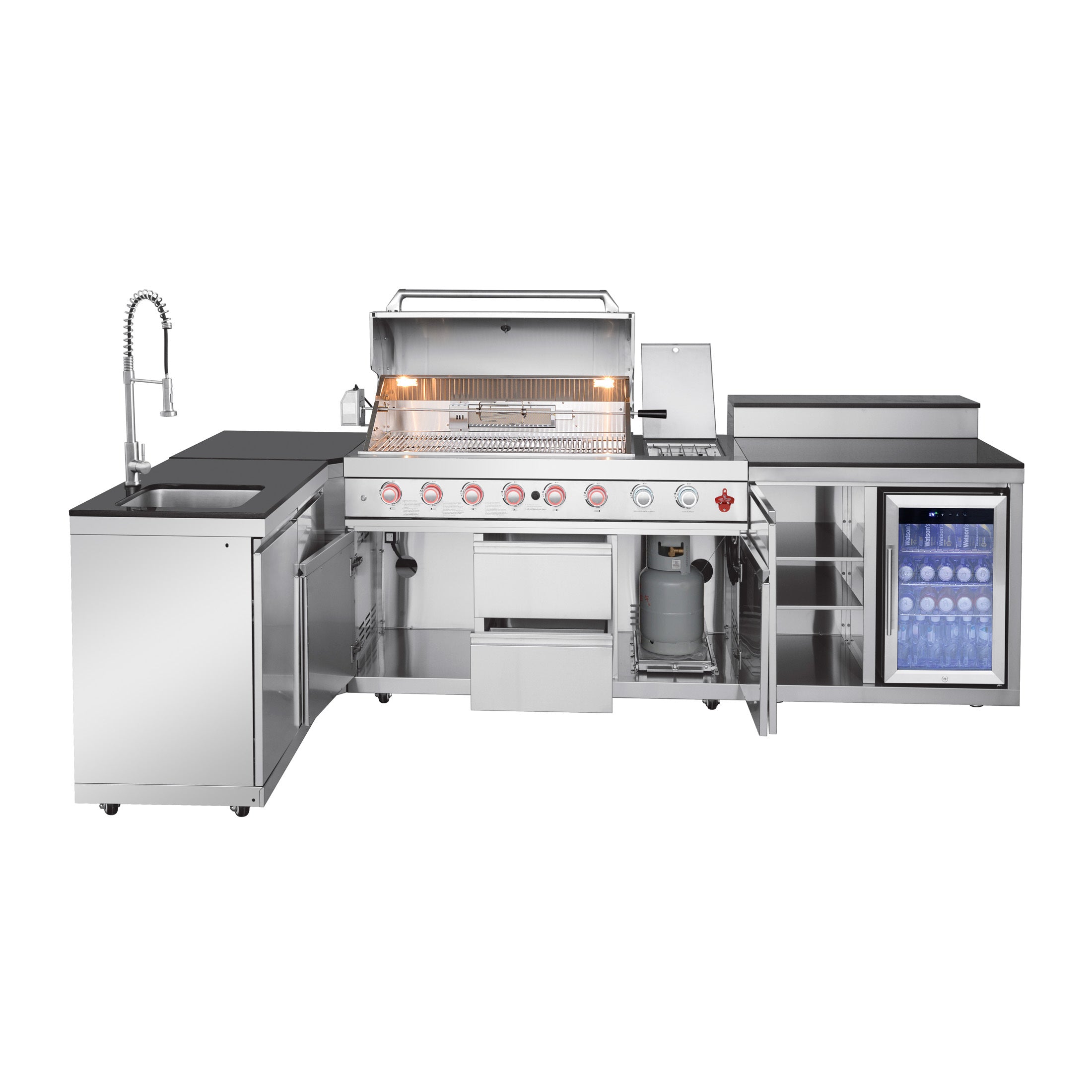 95.8" 6+1 Burner 95,500 BTU Outdoor Kitchen Island Grill Silver + Sink + Refrigerator + Bar Table