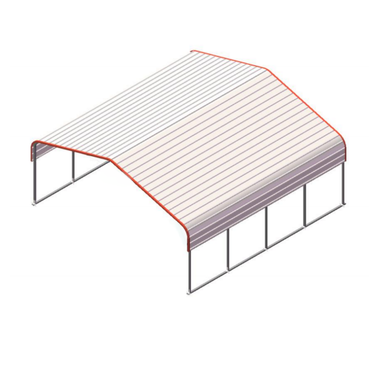 Isometric view of Golden Mount Classic steel carport with galvanized metal roof and support frame