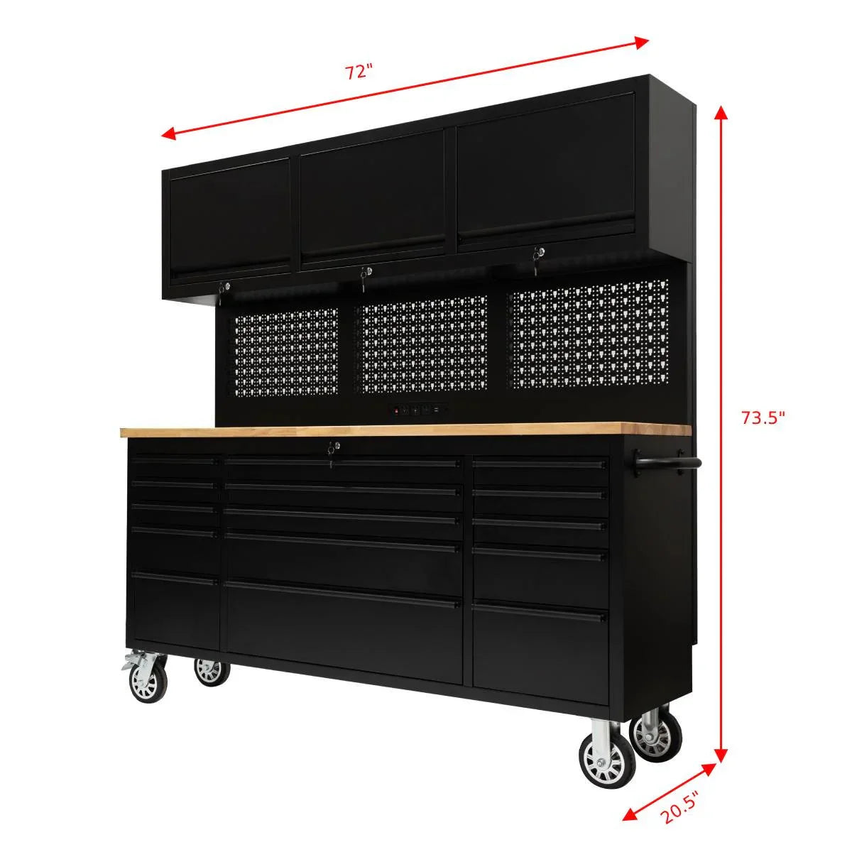 72 inch Rolling Tool Chest with Power Strip, Workbench, Upper Cabinets & Pegboard