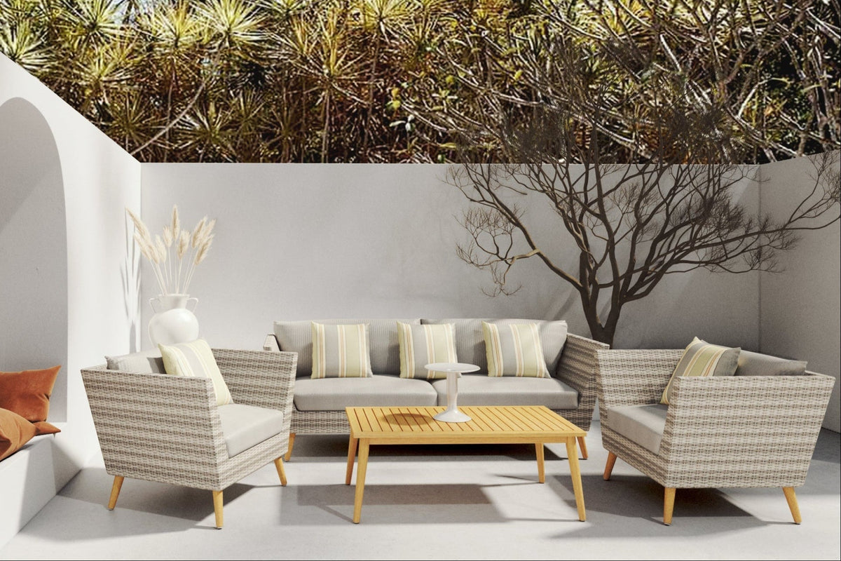 Panther Outdoor Wicker Seating Set with FSC Eucalyptus Wood & Cushions