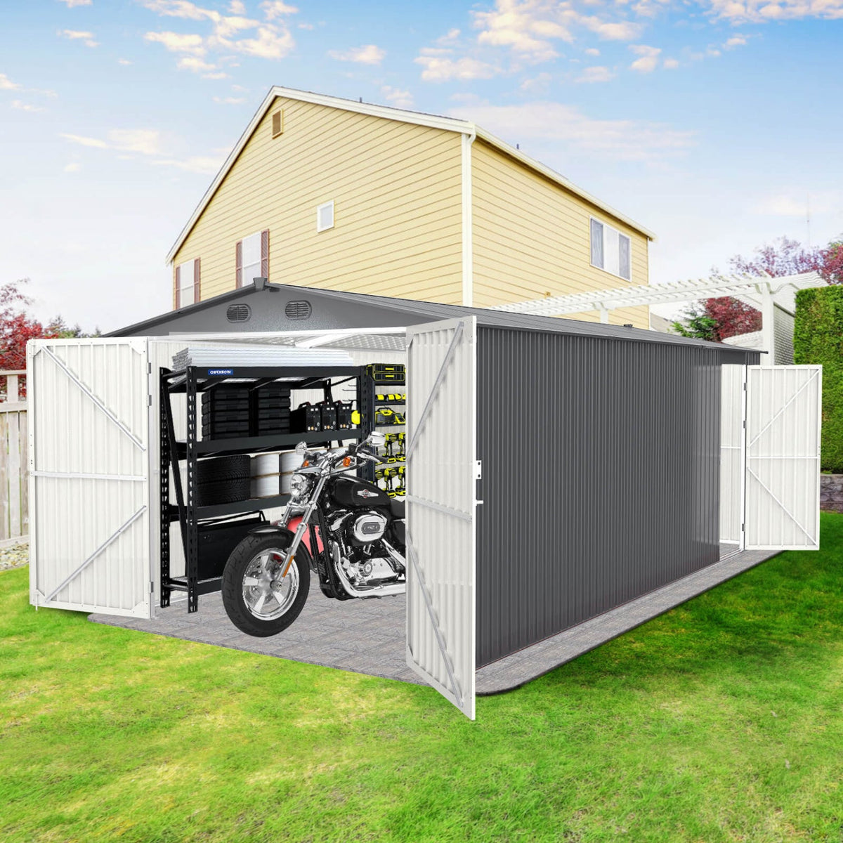 10' x 20' Metal Storage Shed with Double Front & Side Entry Doors