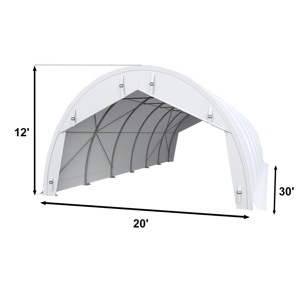 Single Truss Storage Shelter with dimensions marked, white frame and gray interior