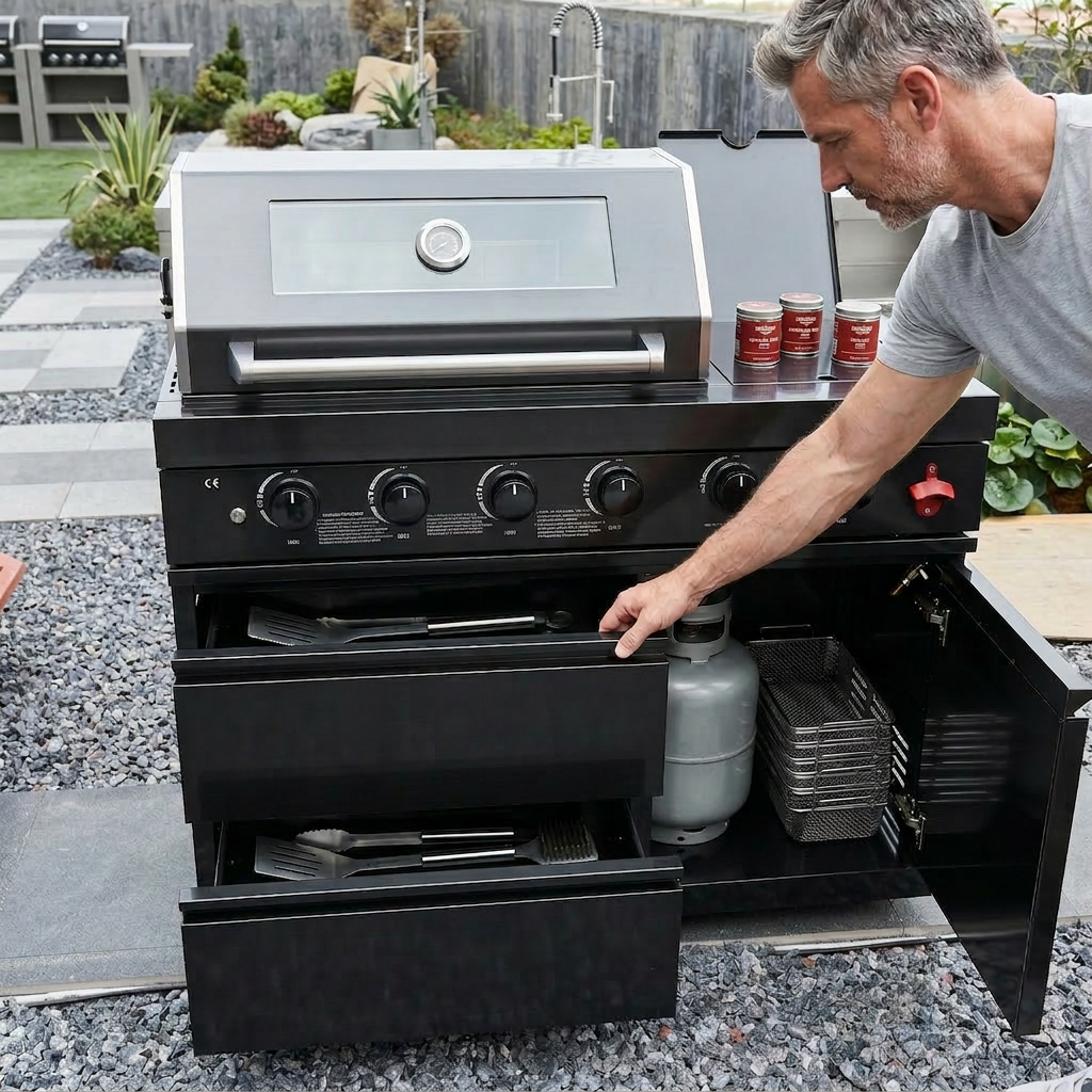 46" Four Burners Black Outdoor Kitchen Islands Grill + Side Burner