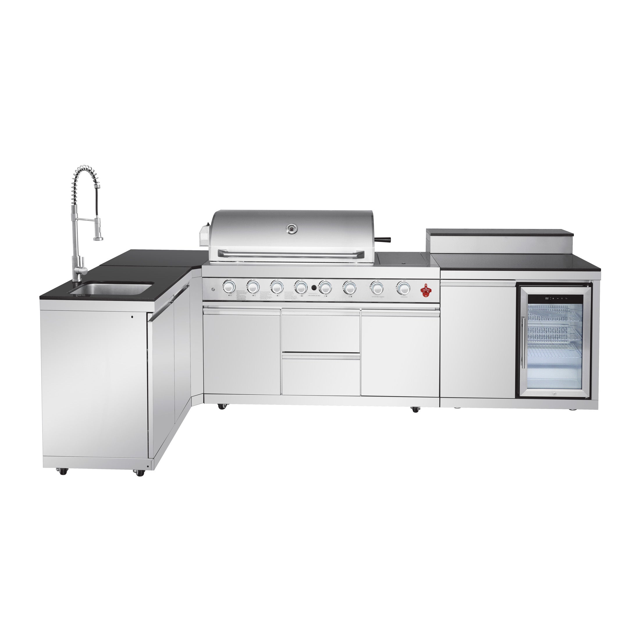 95.8" 6+1 Burner 95,500 BTU Outdoor Kitchen Island Grill Silver + Sink + Refrigerator + Bar Table