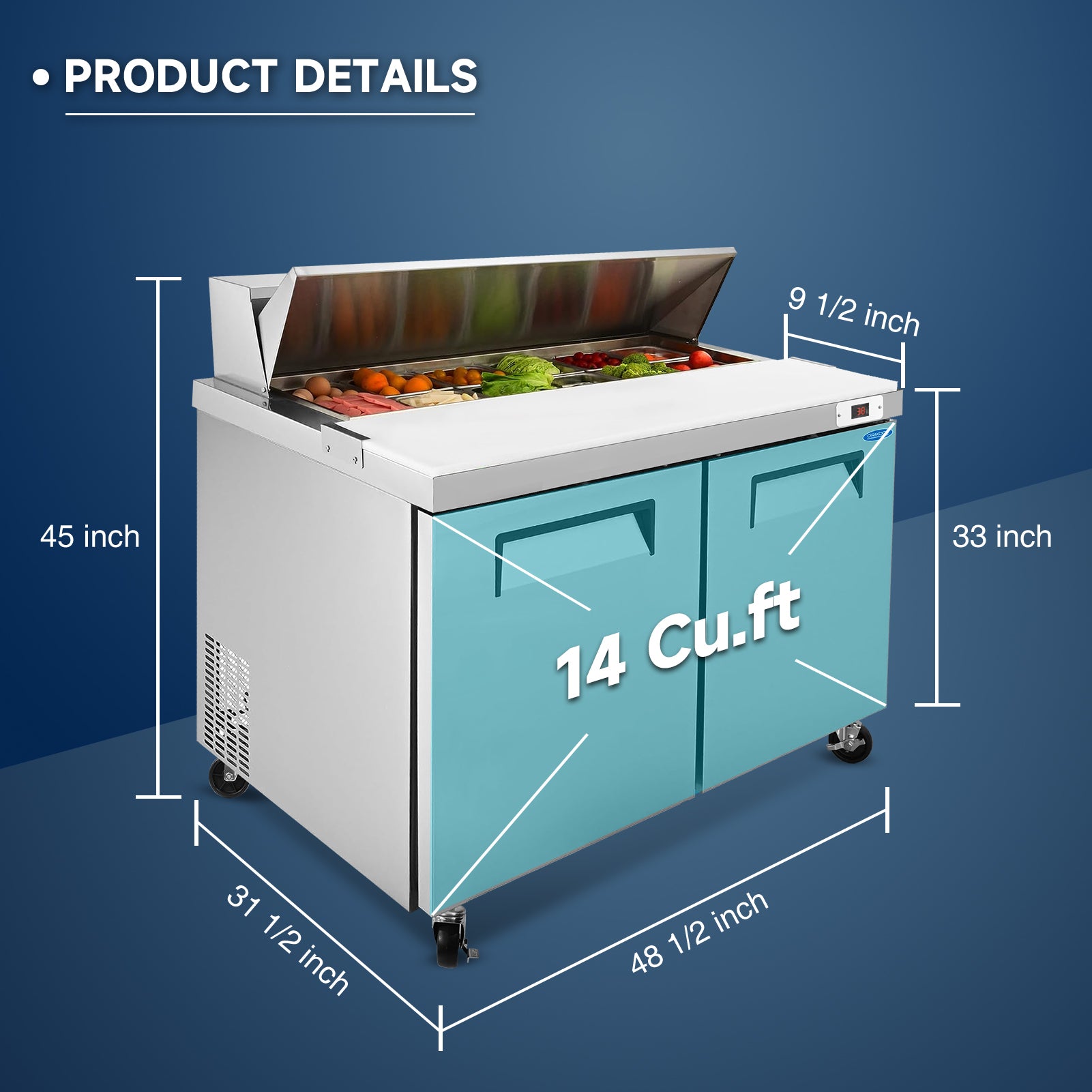 48" Width Commercial Refrigerators Sandwich & Salad Prep Table with a Butcher Block Cutting Board