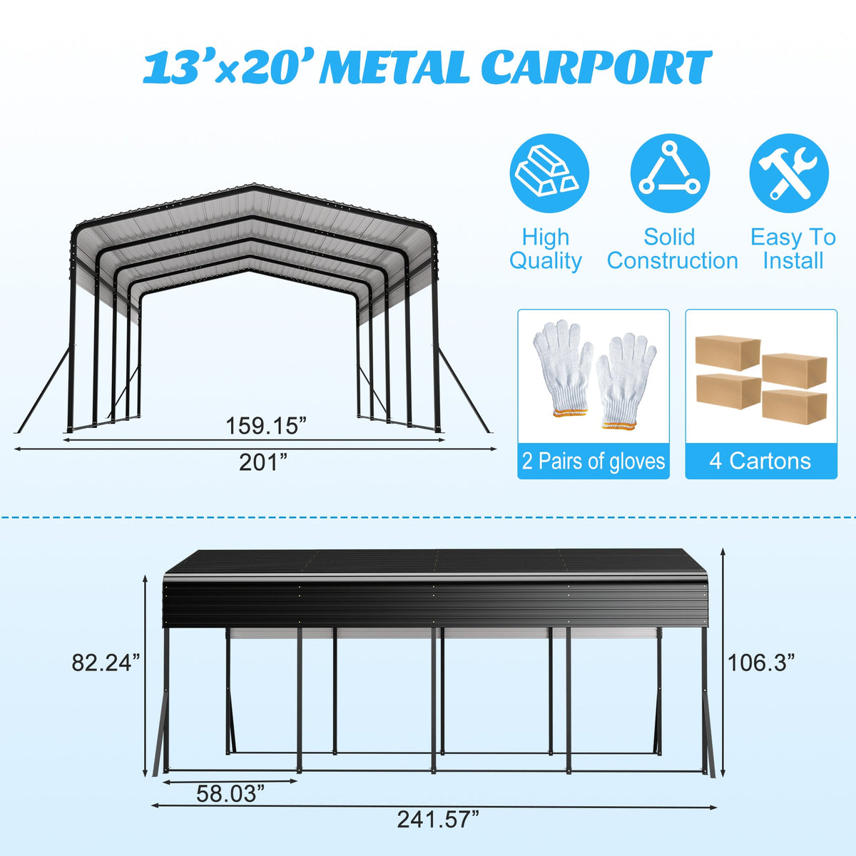 13' x 20' Heavy-Duty Metal Carport with Reinforced Steel Roof – Black