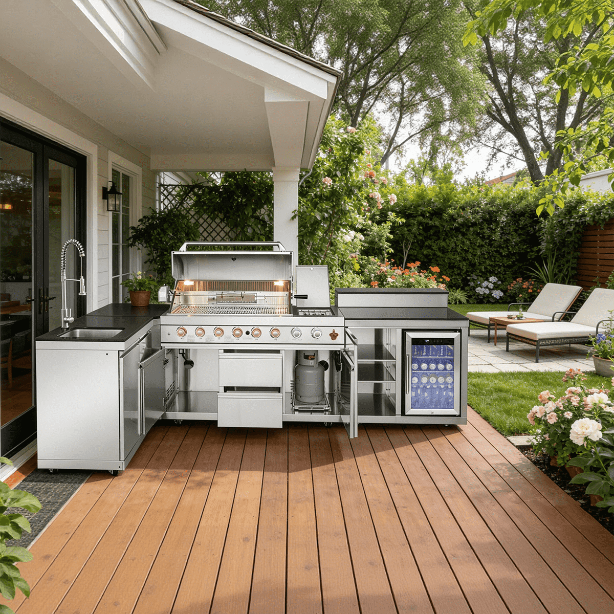 95.8" 6+1 Burner 95,500 BTU Outdoor Kitchen Island Grill Silver + Sink + Refrigerator + Bar Table