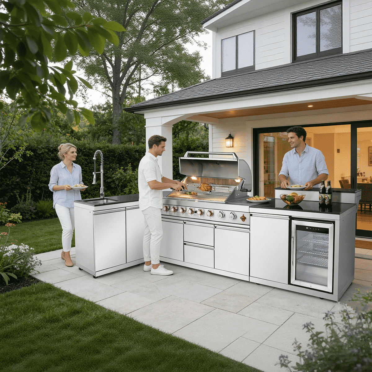 95.8" 6+1 Burner 95,500 BTU Outdoor Kitchen Island Grill Silver + Sink + Refrigerator + Bar Table