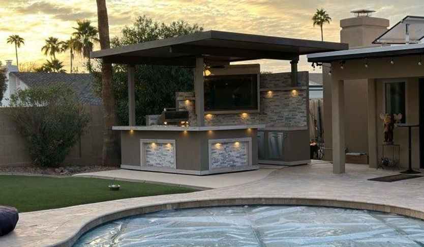 KoKoMo Bermuda Kitchen BBQ Island with Built-In TV, Fire Pit & Bar for Ultimate Outdoor Entertaining - Home Outpost Supply