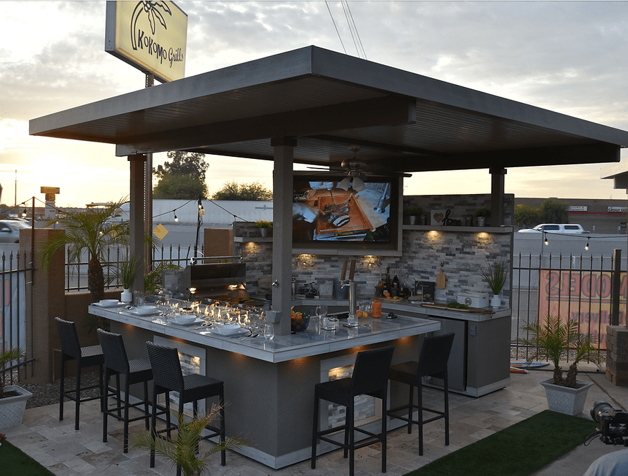 KoKoMo Bermuda Kitchen BBQ Island with Built-In TV, Fire Pit & Bar for Ultimate Outdoor Entertaining - Home Outpost Supply