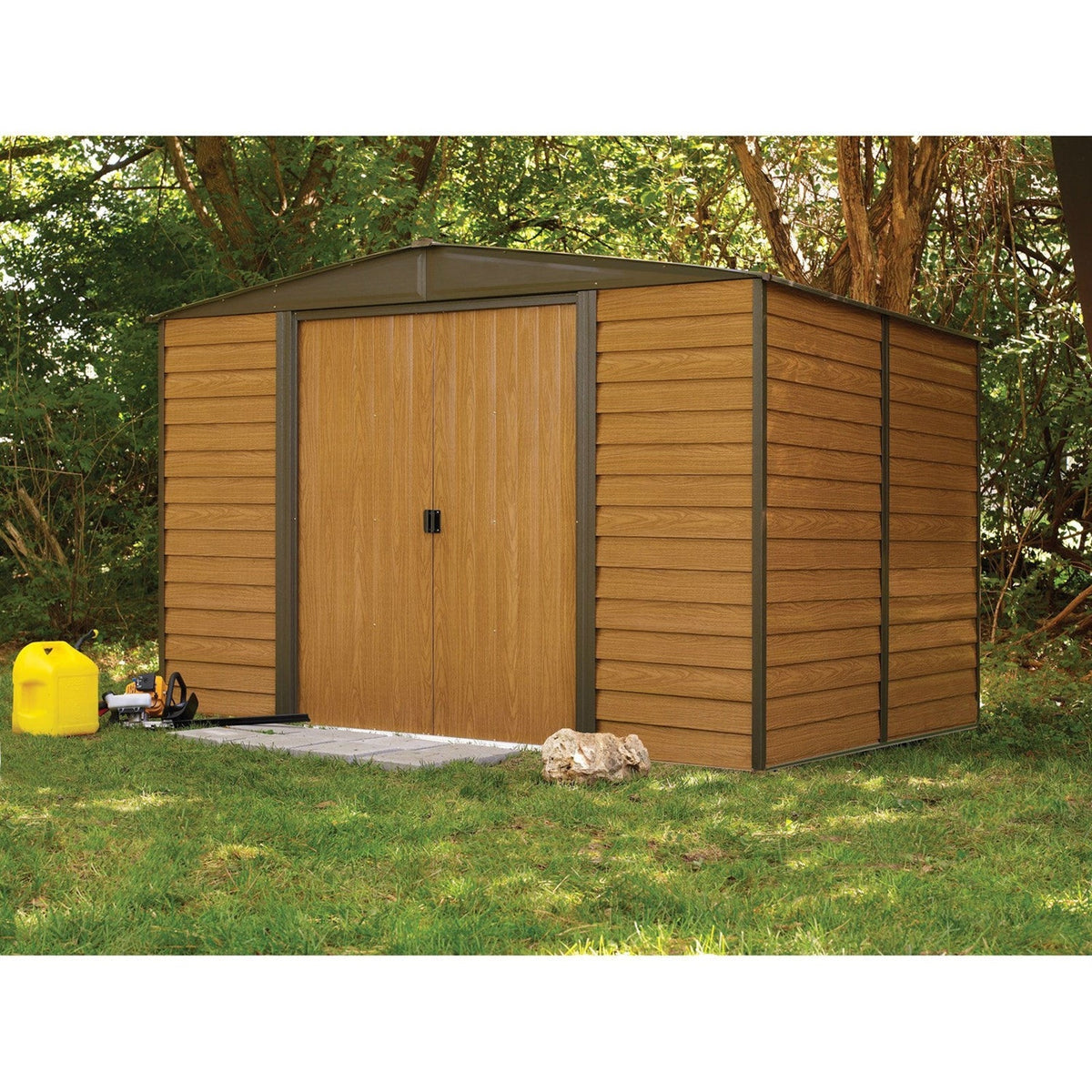 Outdoor 10 x 12-ft Steel Storage Shed With Woodgrain Panels - Home Outpost Supply