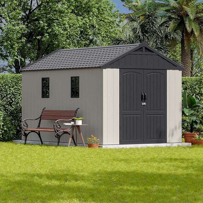 Patiowell 8 x 12 FT Plastic Outdoor Storage Shed with Floor, Resin Shed with Window and Lockable Door for Garden, Backyard, Tool Storage Use, Easy to Install in Beige (Kick-it Shed) - Home Outpost Supply