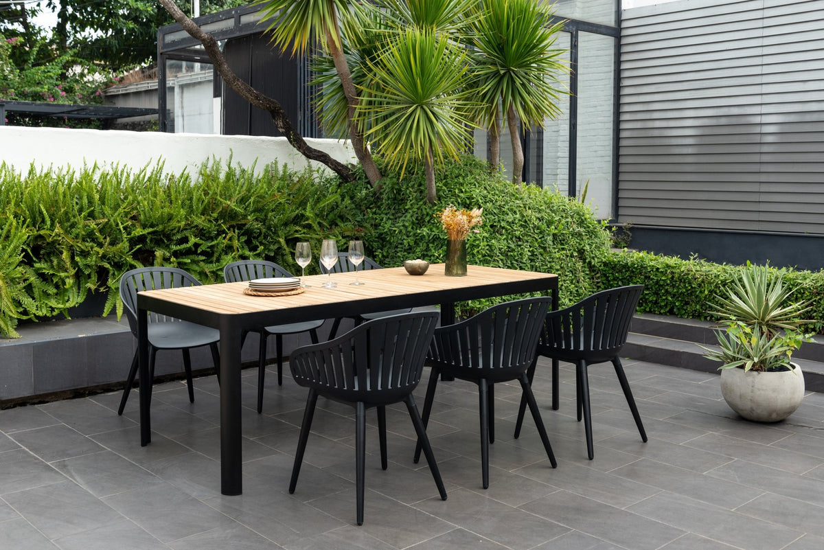 Portals Dark Rectangular Teak Table and 6 Nassau Black Aluminum Dining Set - Home Outpost Supply