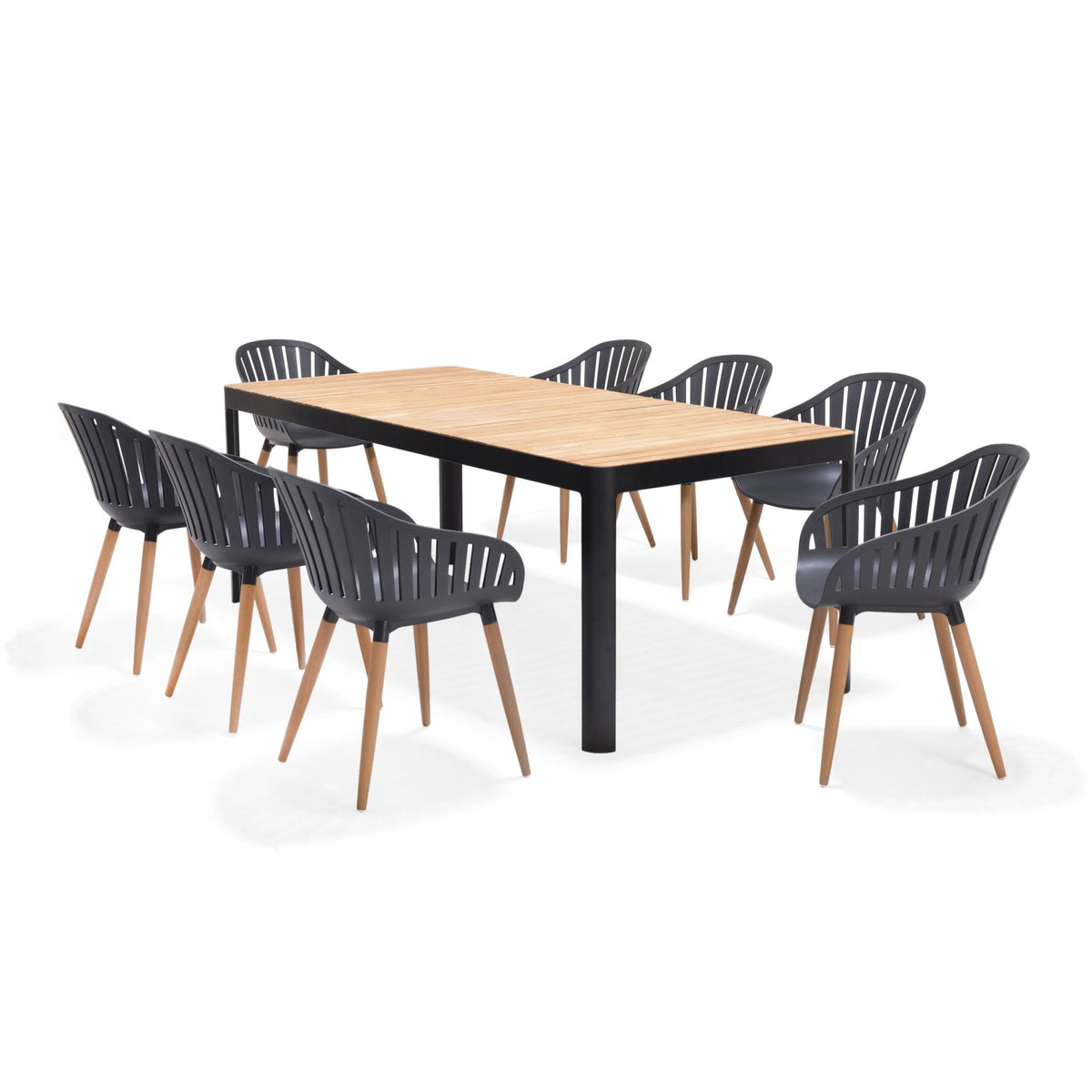 Portals Dark Rectangular Teak Table and 8 Nassau Black Dining Set - Home Outpost Supply
