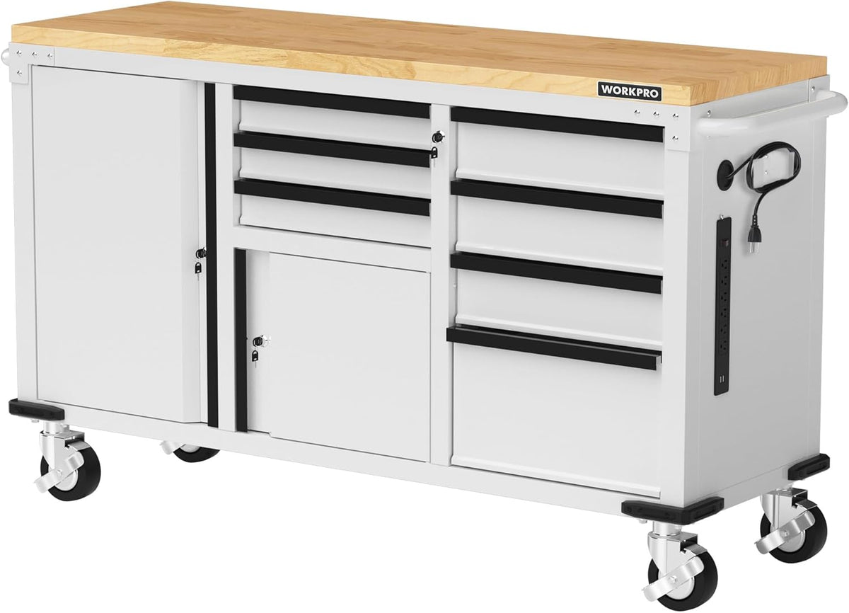 WORKPRO 62" x 20" 7-Drawer & 2-Door Rolling Tool Chest, Mobile Tool Storage Cabinet with Power Strip, Locking System, Heavy Duty Rolling Cabinet for Garage, Warehouse & Kitchen, 1000 lbs Capacity - Home Outpost Supply