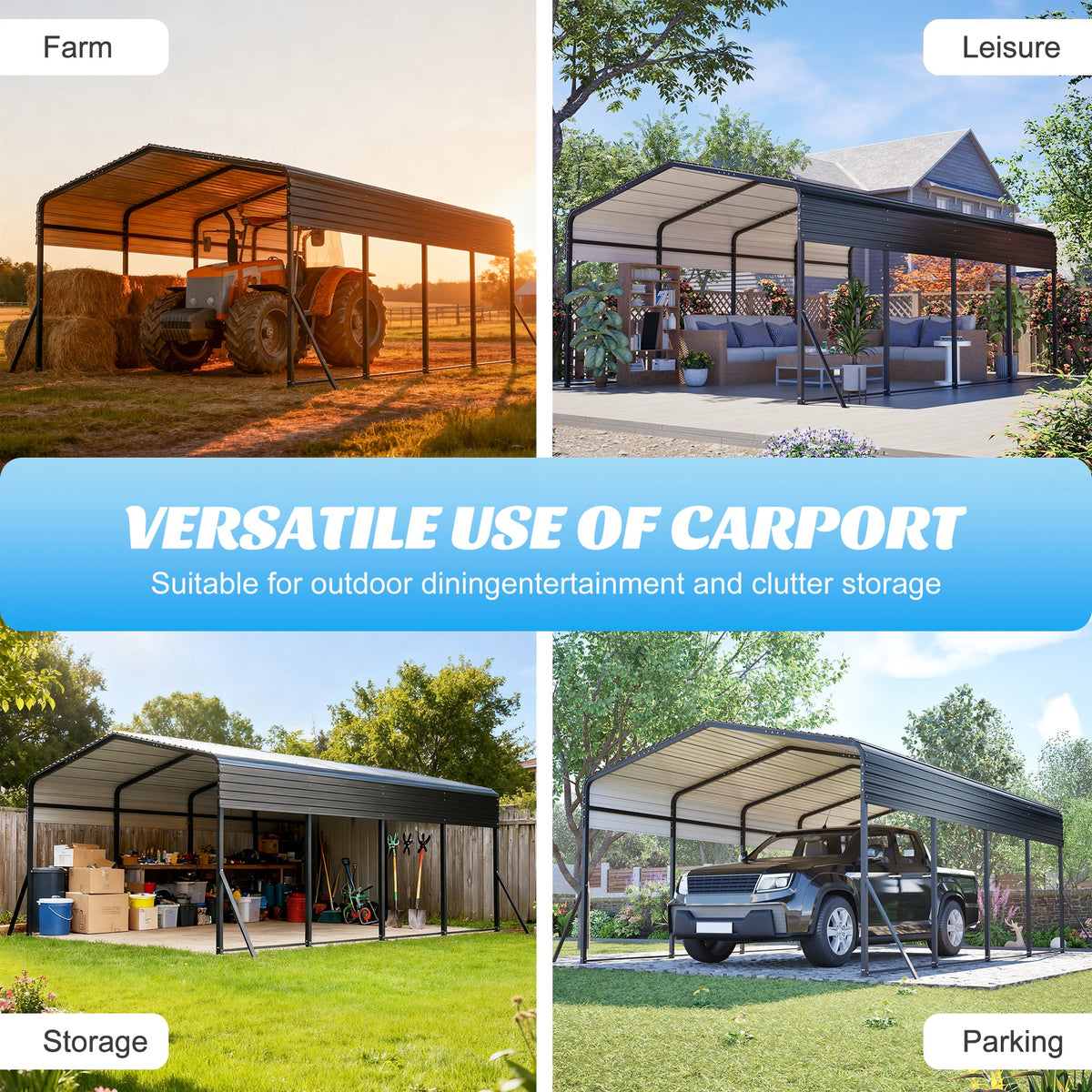 13' x 20' Heavy-Duty Metal Carport with Reinforced Steel Roof – Black