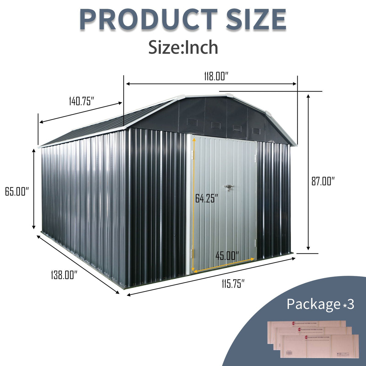 10' x 12' Black Metal Storage Shed with Arch Roof & Lockable Doors