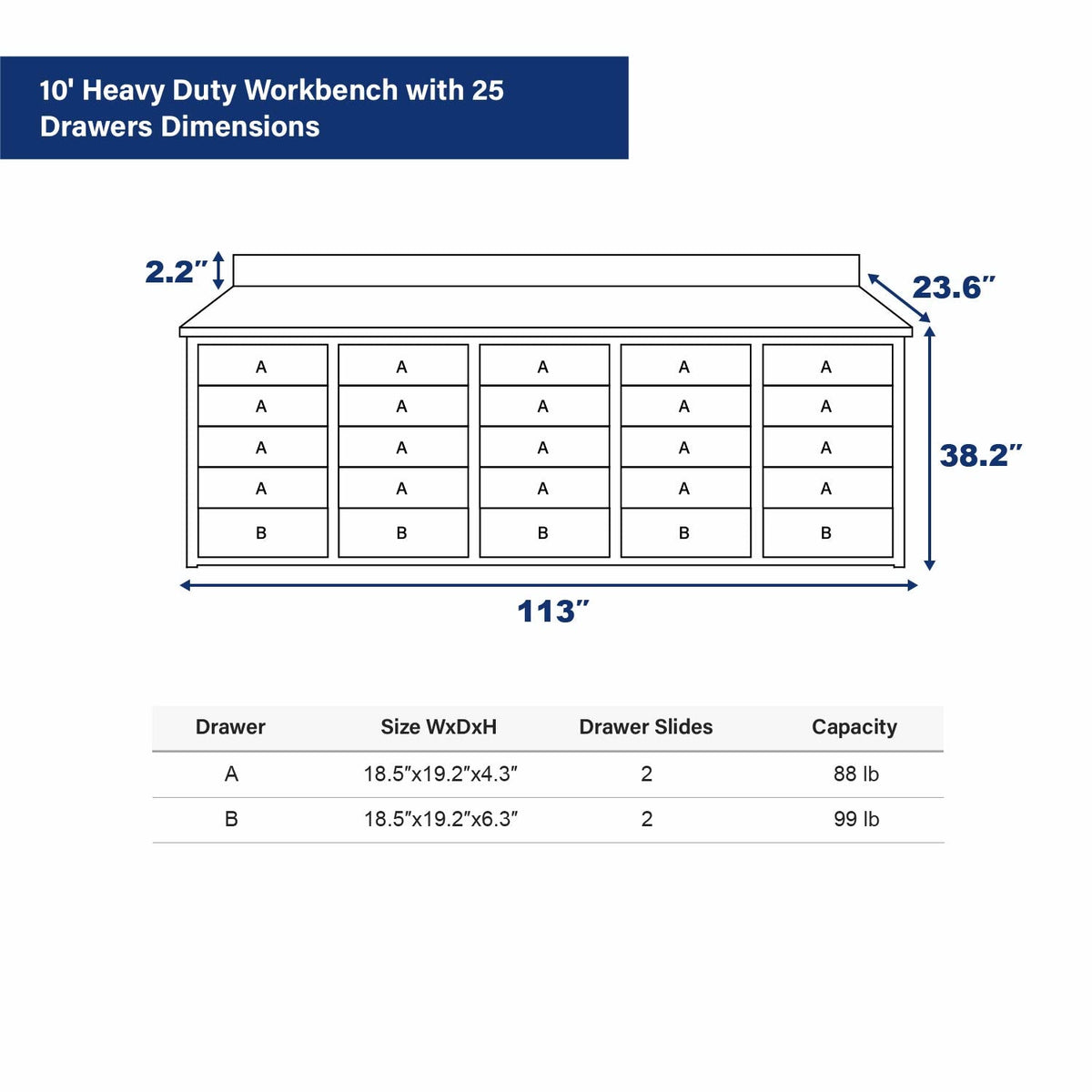 10 ft Heavy Duty Workbench with 25 Drawers - Home Outpost Supply