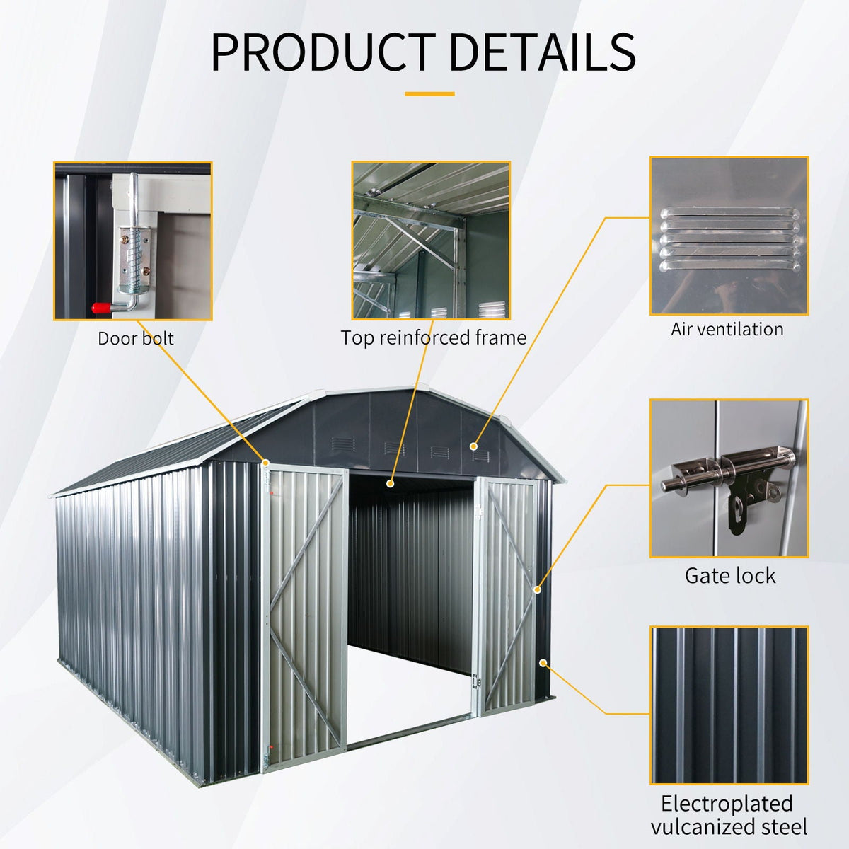 10' x 12' Black Metal Storage Shed with Arch Roof & Lockable Doors