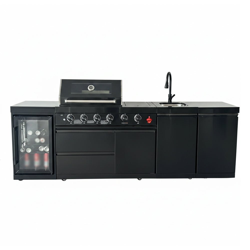 104" 4-Burner 72,000 BTU Black Outdoor Kitchen Bar Barbecue Island Grill + Wine Cooler + Sink - Home Outpost Supply