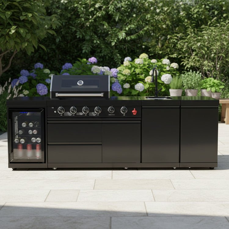104" 4-Burner 72,000 BTU Black Outdoor Kitchen Bar Barbecue Island Grill + Wine Cooler + Sink - Home Outpost Supply