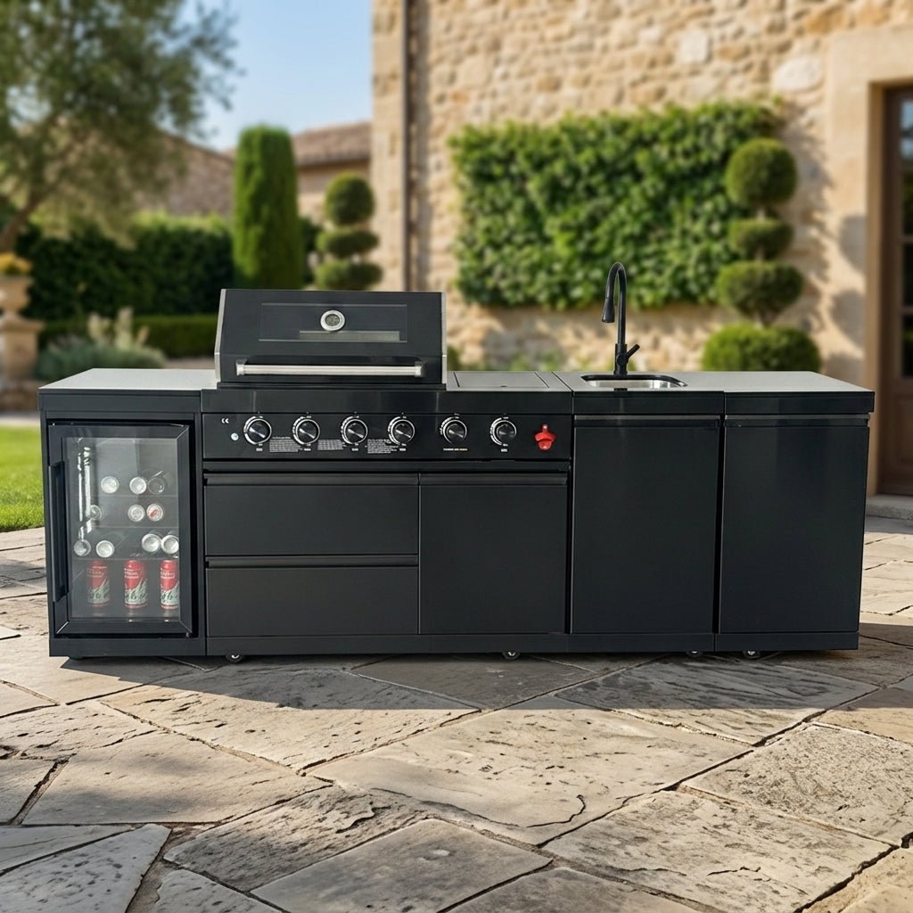 104" 4-Burner 72,000 BTU Black Outdoor Kitchen Bar Barbecue Island Grill + Wine Cooler + Sink - Home Outpost Supply