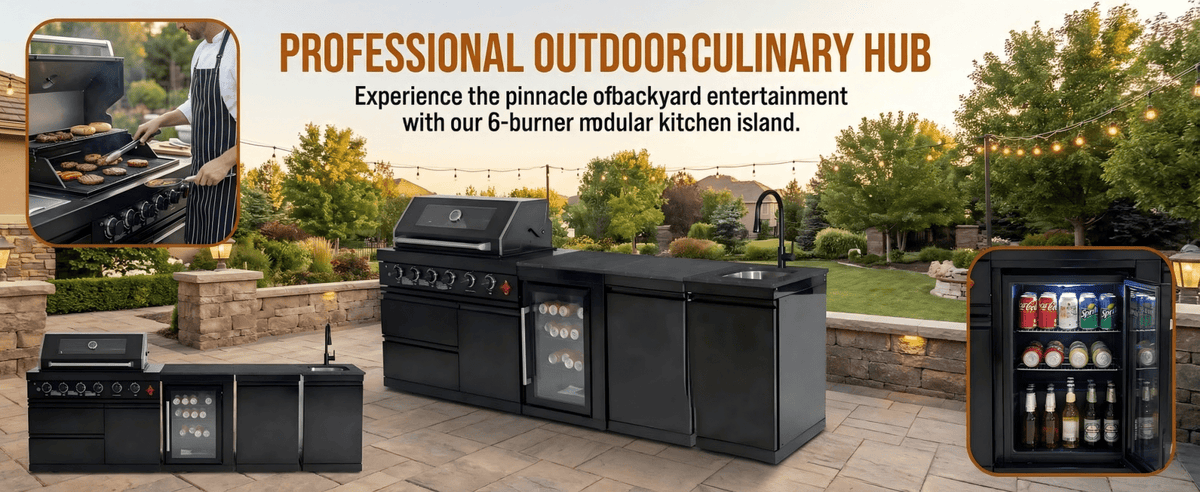 104" 4-Burner 72,000 BTU Black Outdoor Kitchen Bar Barbecue Island Grill + Wine Cooler + Sink - Home Outpost Supply