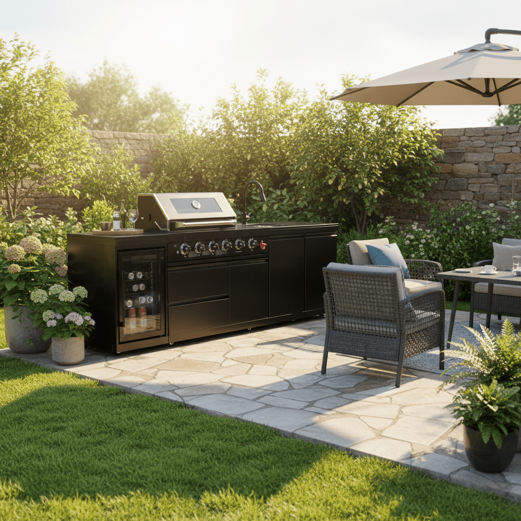 104" 4-Burner 72,000 BTU Black Outdoor Kitchen Bar Barbecue Island Grill + Wine Cooler + Sink - Home Outpost Supply