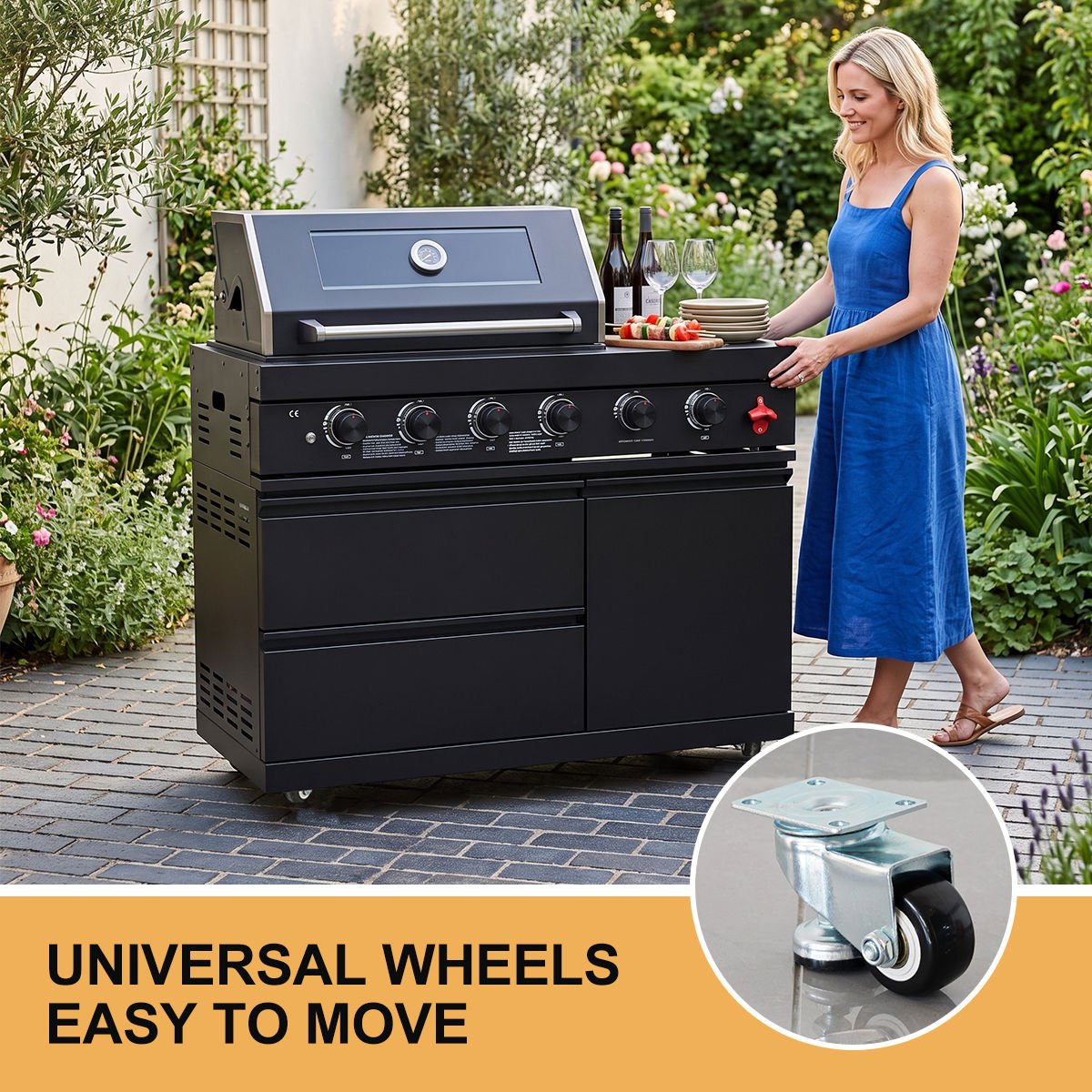 104" 4-Burner 72,000 BTU Black Outdoor Kitchen Bar Barbecue Island Grill + Wine Cooler + Sink - Home Outpost Supply